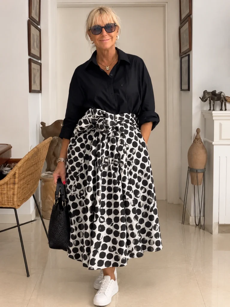 Mercè Paulet con camisa negra, falda midi de lunares en blanco y negro, gafas de sol y bolso negro