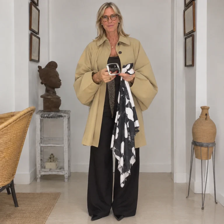 Mercè Paulet con gabardina camel sobre top y pantalón negros, con un pañuelo de flores en blanco y negro en la mano